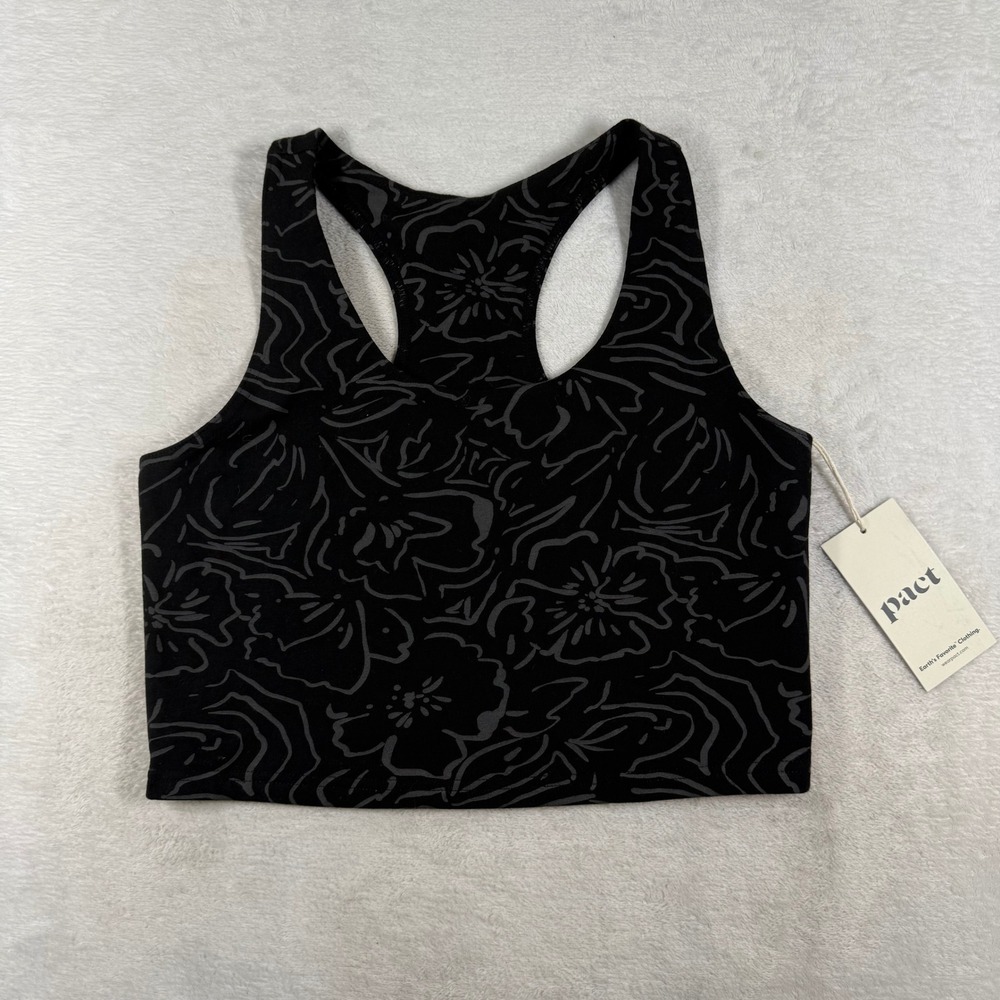 Pact Black Floral Organic Cotton Racerback Sports Bra Womens M NWT